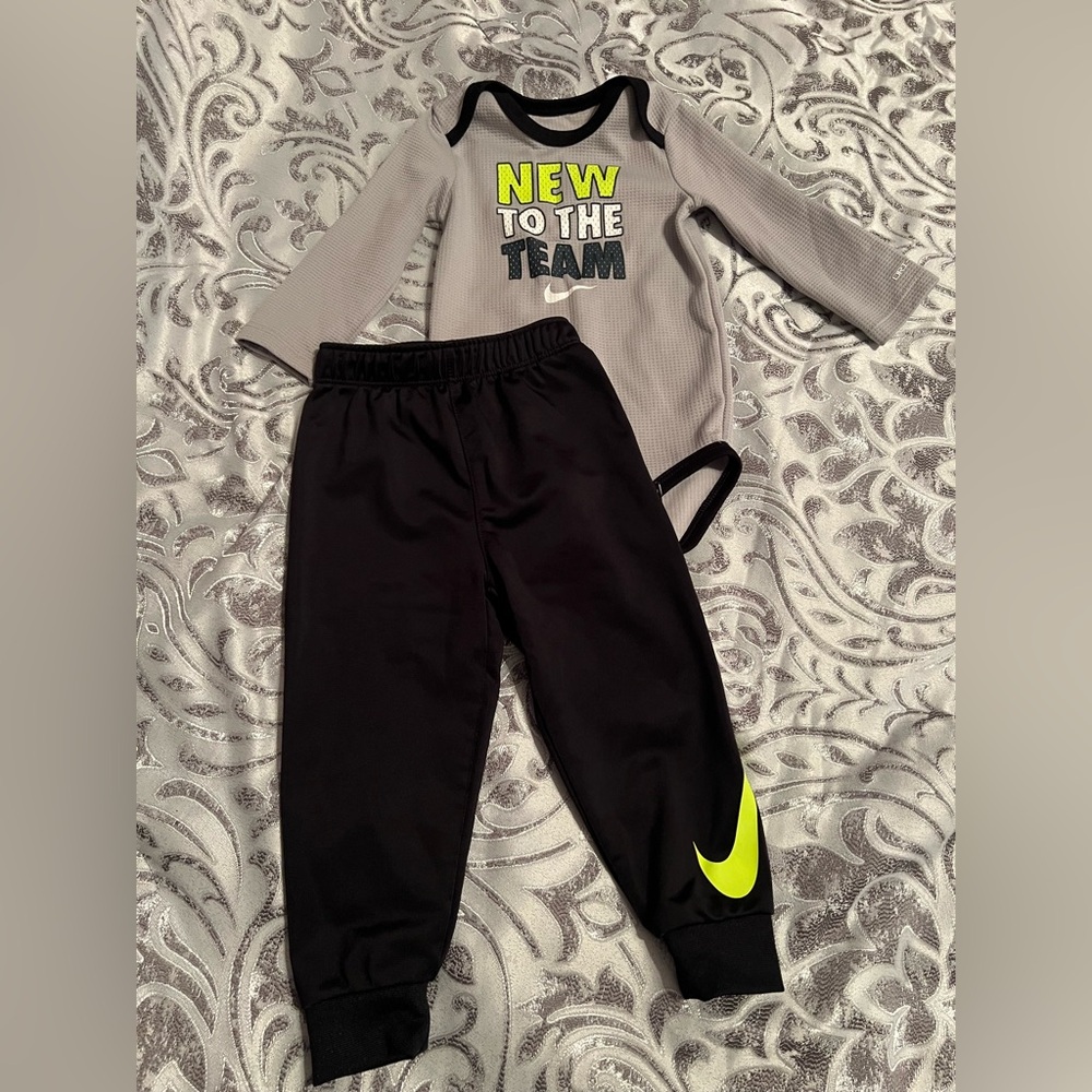 Nike, 18 months old, matching long sleeve onesie and athletic pants.